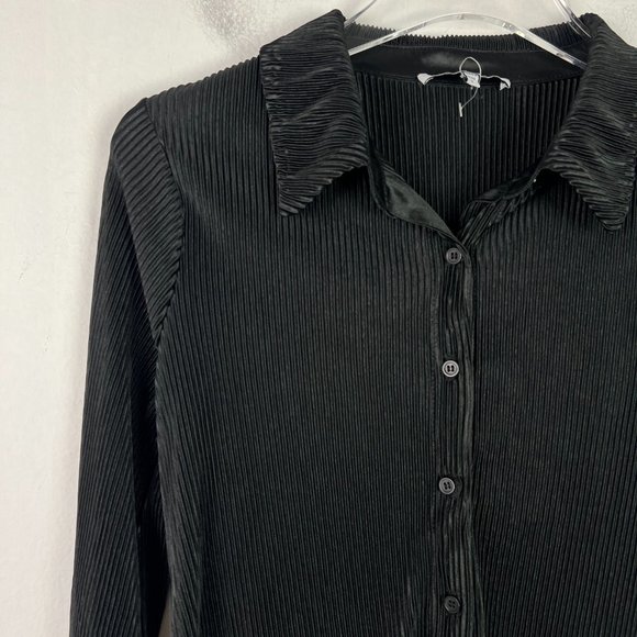 NWOT Ro & De Plisse Pleated Long Sleeve Buttondown Shirt Black Size Small S NEW - Picture 2 of 11
